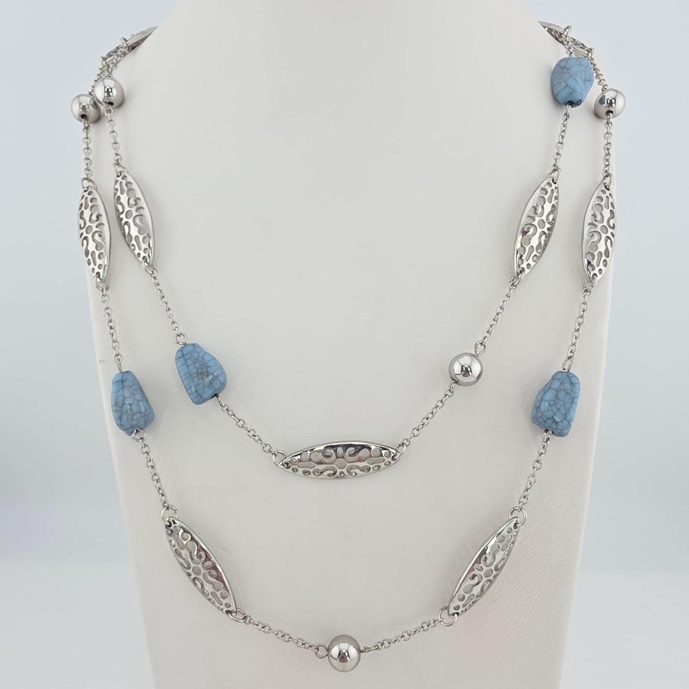 Vtg CHARMING CHARLIE Station Necklace 2-Strand Faux Turquoise Silver Tone 32"